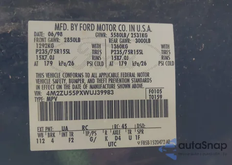 1998 Mercury Mountaineer from USA, damaged, VIN 4M2ZU55PXWUJ39983